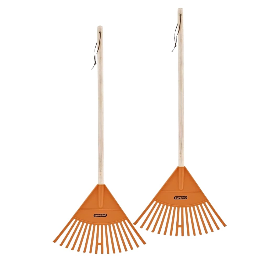 Superio Kids Leaf Rake, 34-Inch Lawn Rake with Hardwood Handle &amp; Durable Plastic Head for Yard, Garden &amp; Leaf Cleanup, Orange, 2 Pack