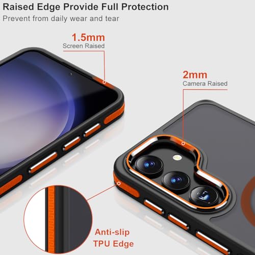Image of MALEWOLF Magnetic Designed for Samsung Galaxy S24 Case 6.2 inch Compatible with MagSafe, Anti-Slip Edge Military Grade Drop Tested Hard Back Protective Translucent Case for Samsung S24 Case (Black /Orange)