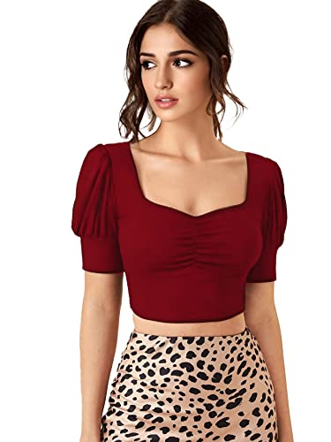 Image of Istyle Can Sweetheart Neck Ruched Front Puff Sleeve /Half Sleeve Streachable Solid /Plain Slim Fit Crop top for Women | Women's Slim FIT Crop TOP | Tops for Women