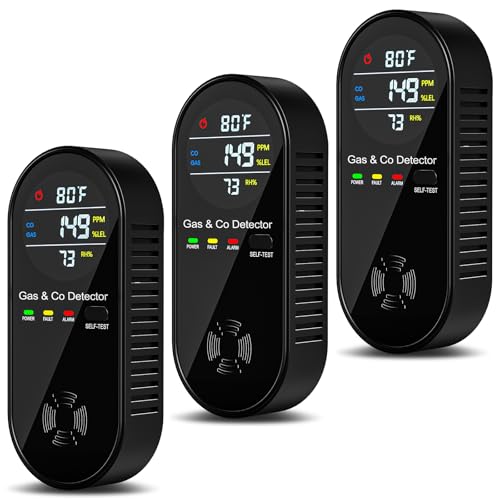 3 Pack 4-in-1 Natural Gas and Carbon Monoxide Detectors Plug in CO Monitor with Temperature and Humidity Display Portable CO Detector for Travel,RV,Home
