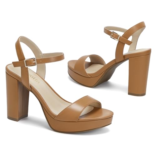 Image of Wide Width Heels for Women Block Chunky Platform High Heels Sandals Open Toe Wedding Party Ankle Strap Dress Shoes