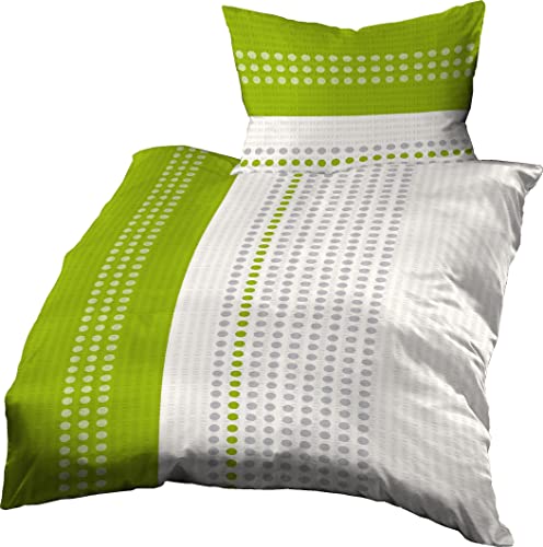 Gerald Wittmann Bettwäsche 140x200 cm + 70x90 cm, Baumwolle Seersucker, Gepunktet Streifen Grün Weiß Grau