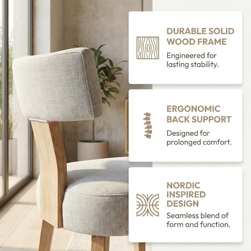 Image of HNY Mid Century Modern Dining Chairs, Farmhouse Linen Fabric Upholstered Accent Chair Curved Backrest Kitchen Chairs Set of 2, with Hardwood Frame, Grey