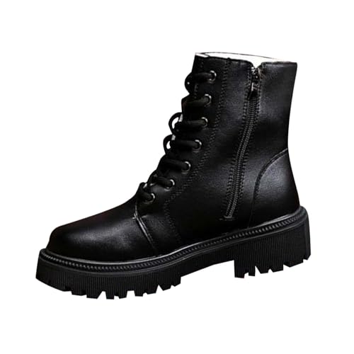 Image of Women's Ankle Boots Lace Up Combat Boot Faux Leather Biker Boots Platform Sole Walking Boot Ladies Mid Calf Booties with Zipper Riding Bootie Fall Winter Waterproof Shoes Casual Lightweight Booties