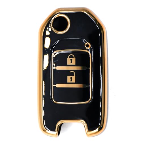 Image of KMH TPU Gold Car Smart Key Cover Compatible for Honda City, Civic, Jazz, Amaze, CR-V, WR-V, BR-V 3 Push Button Smart Key Shell Case Holder, Key Protector (Black Gold) Pack of 2