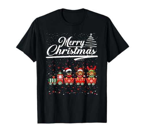 Cute Dachshund Christmas Train Santa Hat Reindeer Antlers T-Shirt