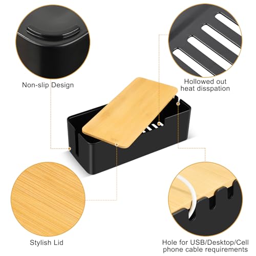 Boîte de rangement de câbles premium avec couvercle en bambou véritable
