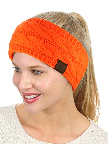 C.C Soft Stretch Winter Warm Cable Knit Fuzzy Lined Ear Warmer Headband, Neon Orange