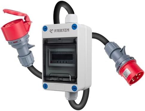 PJERJZN 3 Phasen Mobiler Digitaler Stromzähler, 32A 400V mit Speicher/Reset | Zwischenzähler strom mit LED-Hintergrundbeleuchtung, CEE Stecker und Kupplung, 1m H07RN-F Kabel, MID-g