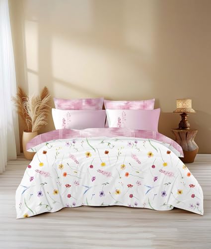 Image of LANE LINEN 400TC Morrison Bloom Super King Size Bedsheet with 4 Pillow Cases | 100% Cotton Digital Print Bedding Set (2.74 M x 2.74 M) | Modern Floral Pattern for Luxurious Comfort (Pink Floral)