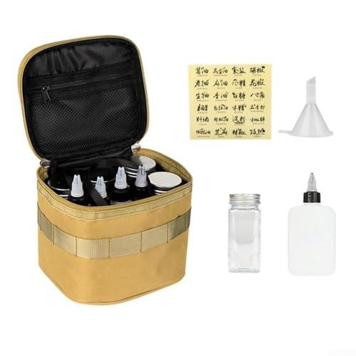 Conjunto portátil de especiarias para acampamento com bolsa de armazenamento, 4 garrafas de PET + 4 garrafas de vidro para óleo, vinagre e temperos, estojo de tecido Oxford, compacto 15 x 14 x 14 cm