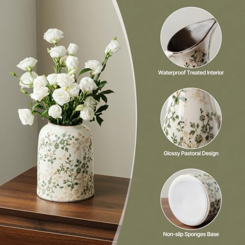 Image of Ceramic Flower Vase | Green Rustic Farmhouse Vase for Home Decor, Vintage Floral Pottery Tuscan Decorative Vase for Living Room & Kitchen, Mantel & Bookshelf, Centerpieces, Entryway, Wedding(7.8 Inch)