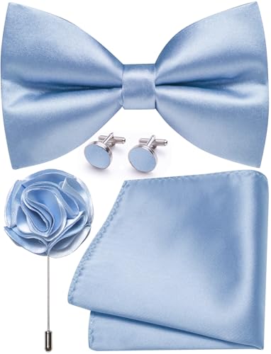 Image of Solid Color Bow Ties for Men Silk Pre-tied Tuxedo Bowtie Set 4PCS | Pre-tied in 3 seconds,adjustable 4PCS bow tie and pocket square cufflinks lapel pin set,wedding,formal,party,prom,graduation