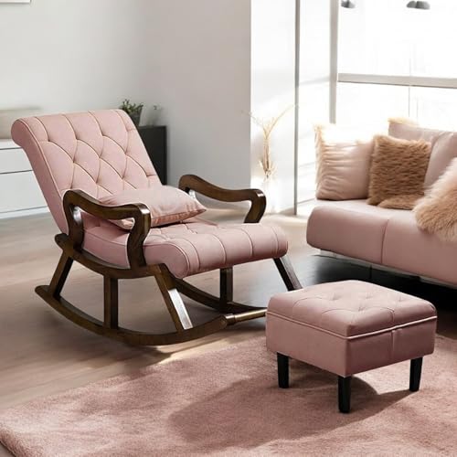 Image of Solid Sheesham Wood Rocking Chair for Living Room with Footrest and Pillow | Ergonomic Resting Chair with Ottoman for Relaxing and Pregnant Women (Lite Pink)