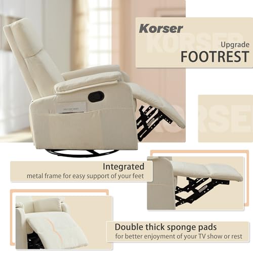 Image of Korser Swivel Rocking Recliner with Massage, Small Glider Chair for Nursery, Modern-Designed Armrests Chair for Adults Living Room, Chenille, Beige
