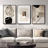 Large Framed Neutral Abstract Wall Art, 3 Piece Modern Canvas Prints Paintings Artwork for Walls, Minimalist Black Beige Pictures for Living Room Hallway Dining Room Bedroom Wall Decor -Total 30x60 In