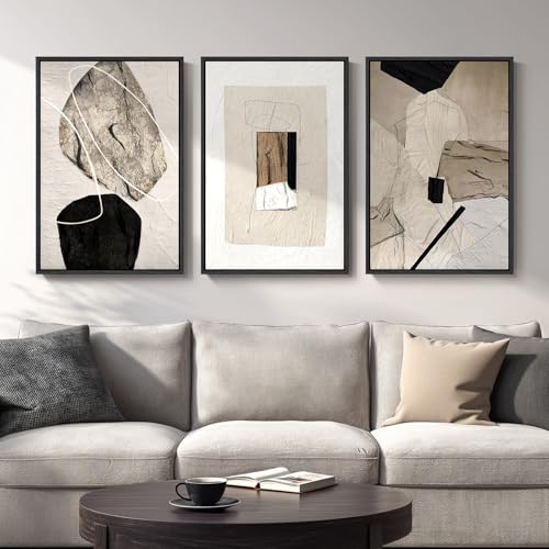 Large Framed Modern Neutral Abstract Wall Art, Set of 3, Total 60x30 In