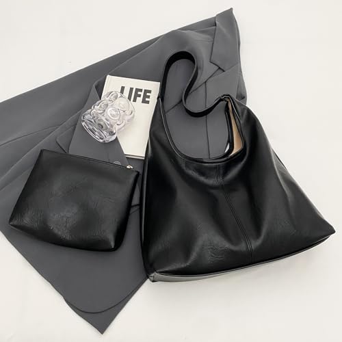 Image of Leather Hobo Bags for Women Slouchy Tote Bag Retro PU Leather Purse Soft Shoulder Handbags Large Work Tote Bag 2pcs