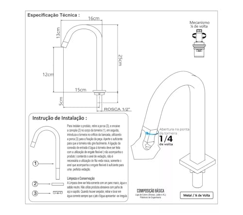 Torneira Banheiro Quadrada Alta Preto Black Fosco 1/4 de Volta