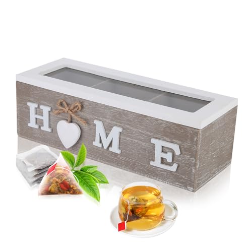 Caja de Té, Organizador de Bolsas de Té de Madera, Contenedores de Almacenamiento de Té, Caja de Colección de Paquetes de Té, Contenedor de Escritorio para Joyería, Café, Azúcar(3 Compartments)