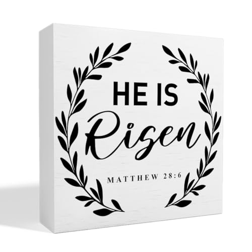 Easter Religious Decor Wooden Box Sign, Easter Christian Bible Verse Table Decorations Home Kitchen Office Easter Decor, He Is Risen