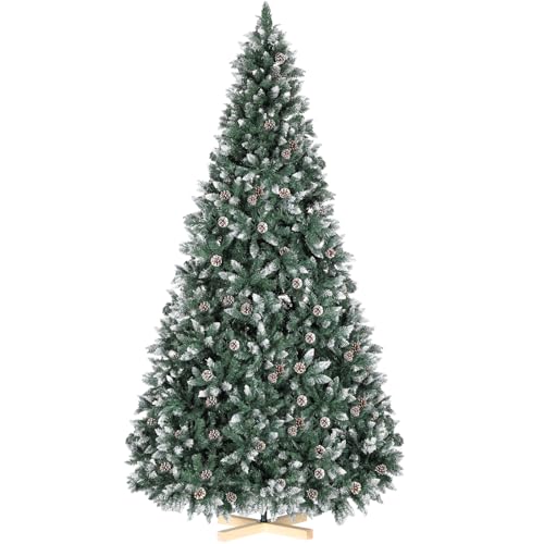Clevich Árbol de Navidad Artificial 270cm, Pino de Navidad con Efecto Nieve y Piñas, Árboles Decoración Navideña con Soporte de Madera, Agujas de Pino Pretratadas Realistas, Fácil Montaje