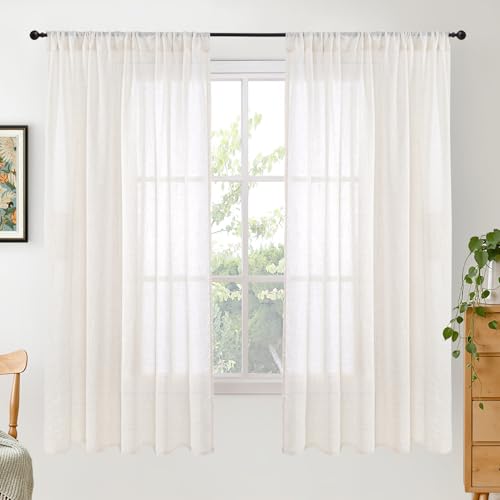 Image of BGment Linen Semi Sheer Curtains 63 Inch Length for Living Room - Ivory Textured Light Filtering Window Drapes with Rod Pocket Lightweight Rustic for Farmhouse Bedroom, 2 Panels Set, 52 X 63 Inch