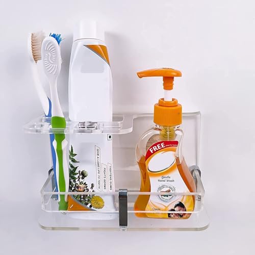 Image of self Adhesive Wall Mounted Acrylic Toothpaste Holder,Toothbrush Stand,Toothpaste Tubler for Bathroom Organizer Rack for Home(Black Acrylic) (Transparent)