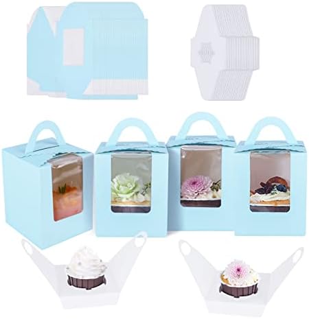 XJYMCOM 40 Pcs Single Cupcake Boxes Paper Cake Boxes with Window Inserts Handle Pink Individual Cupcake Carriers for Small Cake Cookies Birthday Parties Weddings