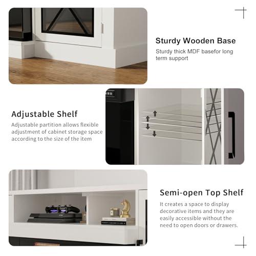 Image of BREEZEHEAT Fireplace TV Stand for TVs up to 90 inch, 3-Sided Electric Entertainment Center with 40 inch LED Fireplace, Media Console w /Storage Cabinet & Glass Doors, 79Inch, White