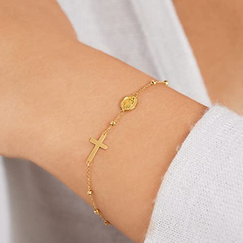 Mionza Gold Plated Rosary Cross Bracelet For Women, Teen Girls | 14K Gold Adjustable Cross Bracelet | Gold Chain Bracelet Religious Charm | Christian Baptism Gift | Solid Gold And Gold Plated Options (Gold Plated Silver) #TOP3