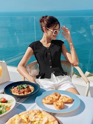 Kate Kasin Womens Button Down Crop Tops, Cap Sleeve Work Shirt, Slim Fit Cute Vest Trendy Black — view 3