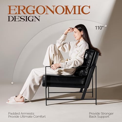 Image of Yaheetech Mid-Century Modern Accent Chairs Set of 2, Black | Oversized Faux Leather Chair with Soft Cushion, Ergonomic 105 Back, Reading Chair for Living Room, Bedroom and Waiting Room