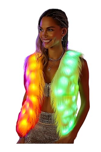 SHINYOU Women Light Up faux fur Coat, Smart LED Vest,Glow Fluffy Sparking Costume Waistcoat Christmas Party Music Festival (M-L, White Women)