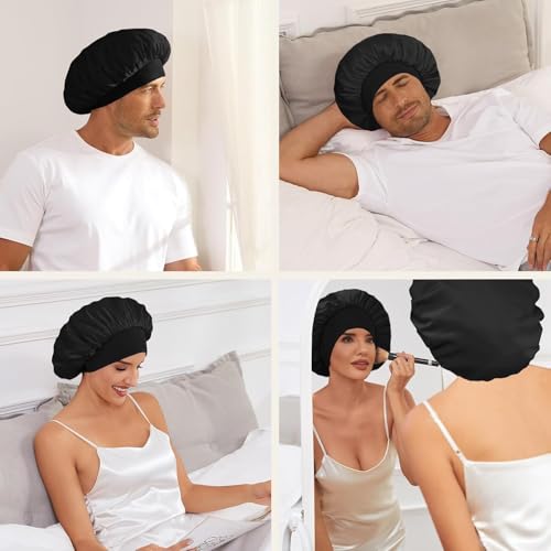 Image of 4 Pcs Double Layer Reversible Satin Bonnet, Large Sleeping Hair Bonnet, Soft Night Sleep Cap for Men, Women, Curly Hair and Braids, Black, Navy, Royal Blue, Wine Red