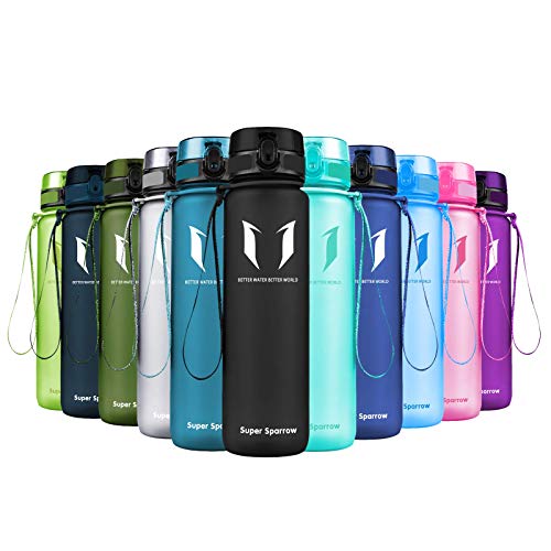 Super Sparrow Sports Water Bottle - Eco Friendly & BPA-Free Plastic - Fast Water Flow, Flip Top, Opens with 1-Click - Reusable with Leak-Proof Lid (Black, 350ml-12oz)