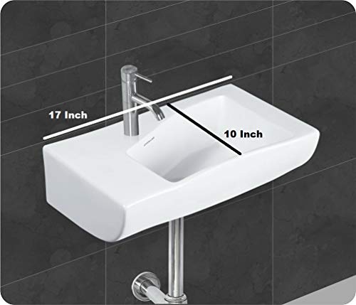 Image of Wash Basin Wall Hung Mounted Glossy Finish White Sink for Bathroom - (17 x 10 x 5 Inch)
