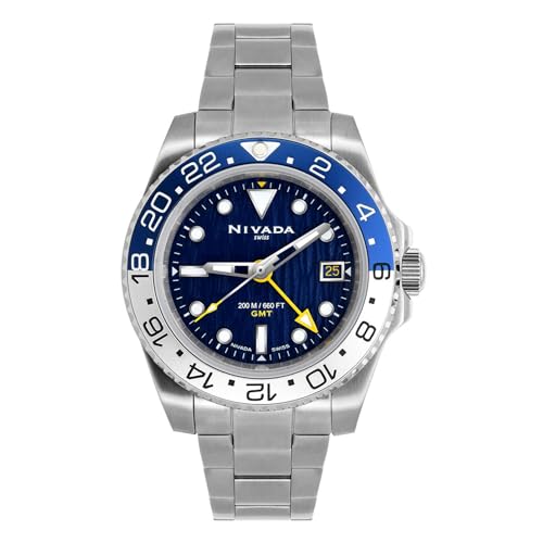NIVADA SWISS Abyss Master Reloj para Hombre Carátula Negra Bisel Azul y Blanco GMT Índices