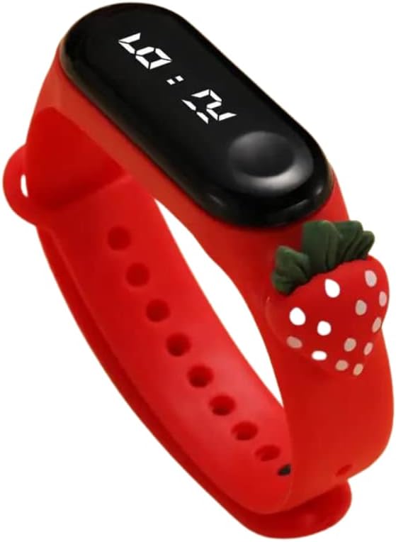 Digital Dial Waterproof Stylish & Fashionable Wrist Smart Watch LED Band for Kids, Colorful Cartoon for Boys & Girls (Removable Silicon Strap) (Red Strawberry)