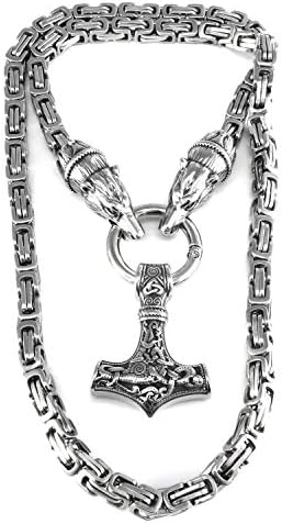 URBANTIMBER Solid Stainless Steel Necklace Thor's Hammer with Fenris Wolf