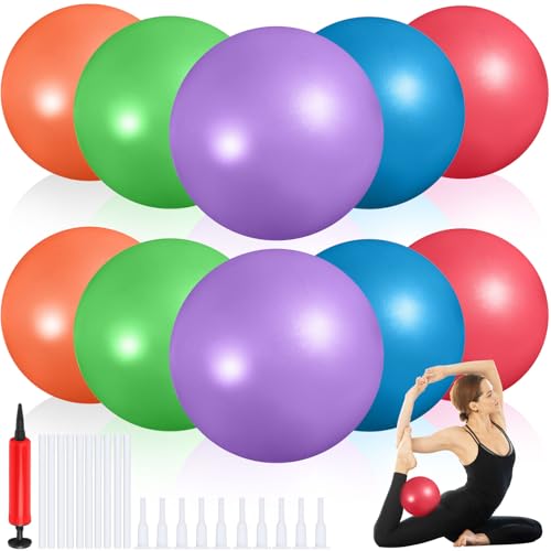 Image of Aoriher 10 Pack 9 Inch Small Pilates Ball Bulk Mini Exercise Ball Portable Non-Slip Workout Yoga Balls with Air Pump for Stability, Barre, Fitness, Balance, Physical &Core, Gym Home Office Use