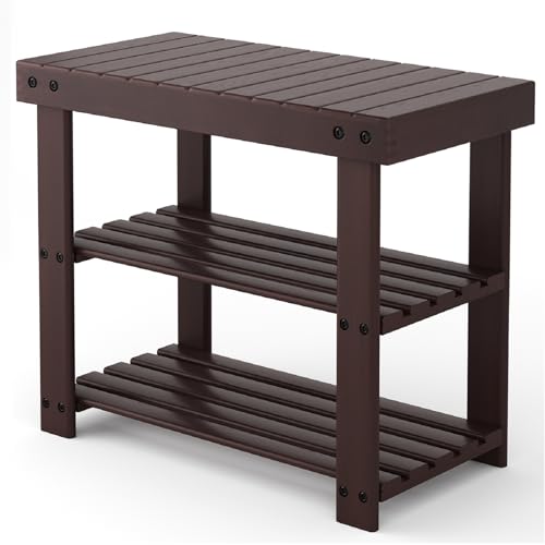 DUMOS Wooden Shoe Rack Bench with Storage 3-Tier Bamboo Entryway Benches Shoe Rack Holds Up to 286 lb Storage Organizer 11.3 x 19.7 x 17.8 Inches Suitable for Bedroom Living Room Balcony Brown