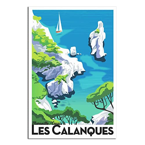 RONGCHENG Poster vintage sur toile représentant un bateau à voile de Marseille Calanques - Décoration murale - Poster imprimé - Cadeau idéal