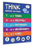 ZOCO – THINK Before You Post Poster – Stop Cyberbullying & Encourage Kindness – Growth Mindset & Digital Citizenship Chart – Laminated 17x22 – Middle School Classroom Decor for Teachers