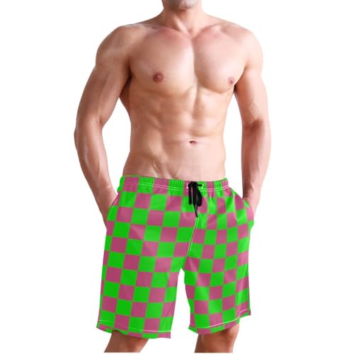 Green and Red Buffalo Checkered Mens Swim Trunks Quick Dry Beach Shorts with Pocket S4