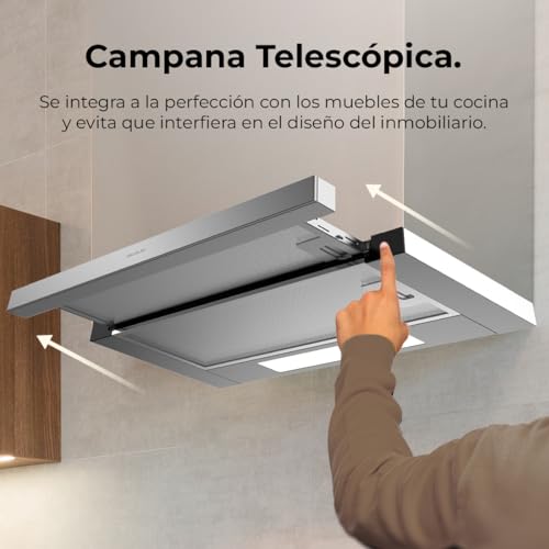 Cecotec Campana Extractora Telescópica 60 cm Bolero Flux TLM 606500 Inox A. Motor 165W, Potencia Succión 650m3/h, Control Mecánico, 2 Niveles de Potencia, Luz y Filtro de Carbono, Acabado Inox - imagen 11