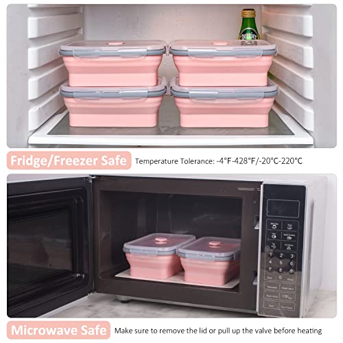 Collapsible Food Storage Containers With Airtight Lid, 27 Oz, Large Kitchen Stacking Silicone Collapsible Meal Prep Container Set For Leftover, Microwave Freezer Dishwasher Safe, Pink, Set Of 4 #TOP5