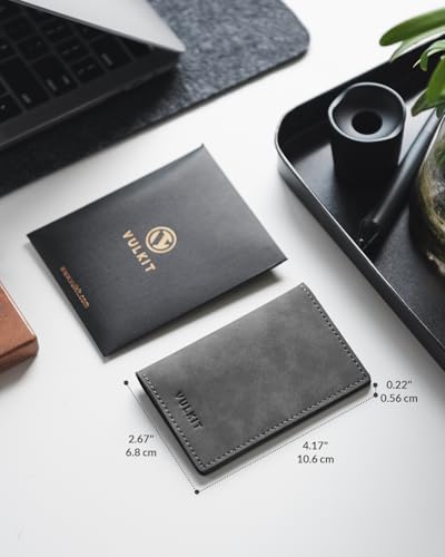 Image of VULKIT Leather Business Card Holder 2 Sided Slim Business Name Card Organizer for Men or Women (Yangba Grey)