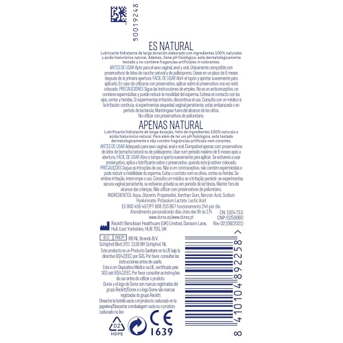 Durex Durex Naturals Hidratante Lubricante, Ácido Hialurónico, 100% Natural Sin Fragancia, Colorantes Ni Agentes Irritantes – 100Ml 100 ml