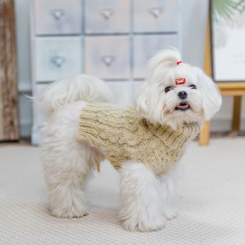 Image of Turtleneck Small Dog Sweaters - Classic Cable Knitwear Winter Coat for Small Medium Dogs Male Female Puppy Dog Cold Weather Clothes Girls Boys, Cream, XS